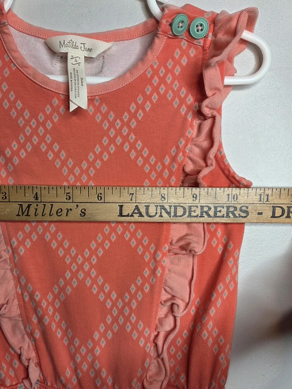 Matilda Jane Girls Coral Ruffle Romper Jumpsuit Size 4 Diamond Print Pockets